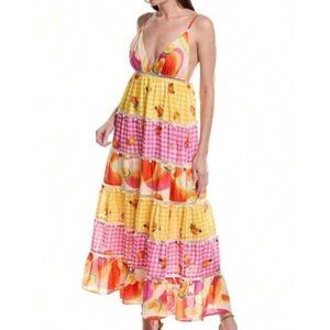 Farm Rio Sz M Dress Mixed Picnic Cashew Maxi Sundress Gingham Sleeveless Tiered